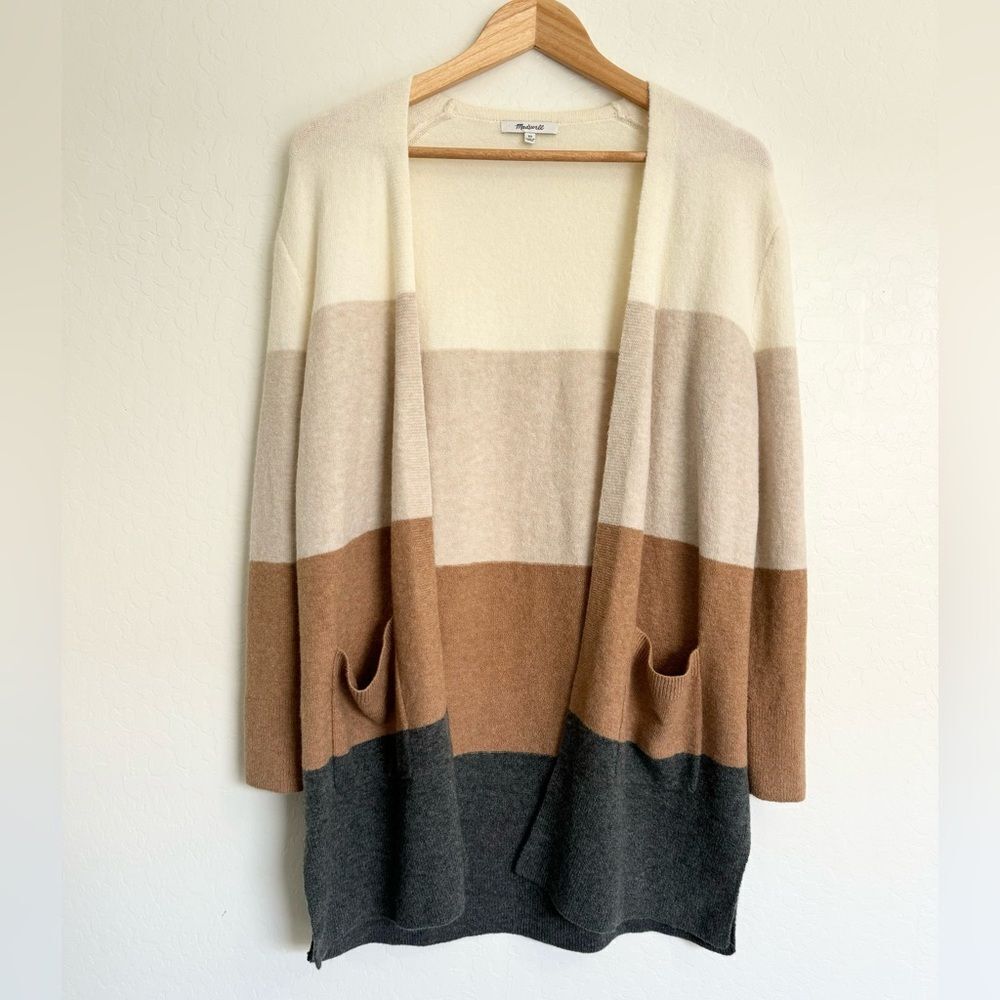 Madewell Kent Colorblock Stripe Long Open Cardigan Sweater Neutral Cream Brown